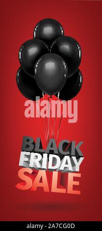 Venerdì nero vendita scritte in oro. Shopping natalizio. Sfondo rosso. Illustrazione Vettoriale. Palloncini neri. Illustrazione Vettoriale
