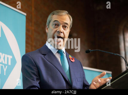 Londra, Regno Unito. 01 Nov, 2019. Brexit leader del partito, Nigel Farage, lancia il Brexit partito della campagna elettorale in Westminster. Credito: Tommy Londra/Alamy Live News Foto Stock