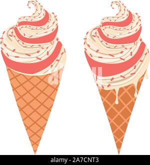 Popolare dolce estate dessert gelato alla vaniglia in un cono di cialda design. Illustrazione Vettoriale