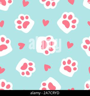 Paw seamless footprint di pattern e di cuore. semplice cartoon stile piatto illustrazione vettoriale. cute cat paw su sfondo blu. Illustrazione Vettoriale