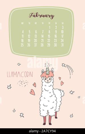 Calendario per il mese di febbraio 2020 dal lunedì alla domenica. Carino llama come unicorn -llamacorn. Alpaca personaggio dei fumetti. Divertente animale. Illustrazione Vettoriale Illustrazione Vettoriale