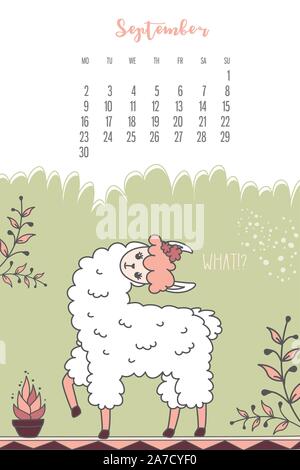 Calendario per il mese di settembre 2020 da Lunedì a domenica. Carino llama. Alpaca personaggio dei fumetti. Divertente animale. Illustrazione Vettoriale Illustrazione Vettoriale