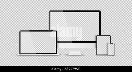Dispositivi in realistiche design alla moda su sfondo trasparente. Insieme di computer laptop tablet e smartphone con schermi vuoti. Mock up. Lo schermo è vuoto i Foto Stock