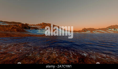 Acqua su Marte come pianeta Shot dallo spazio estremamente dettagliato e realistico 3d immagine del paesaggio marziano Foto Stock