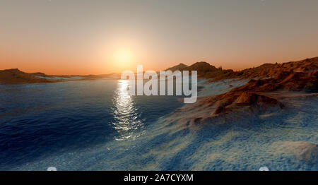 Acqua su Marte come pianeta Shot dallo spazio estremamente dettagliato e realistico 3d immagine del paesaggio marziano Foto Stock