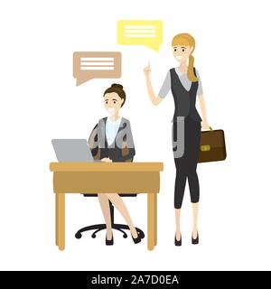 Top Manager e lavoratore illustrazione vettoriale. Sorridente personaggio dei fumetti facendo il lavoro di ufficio sotto il controllo del direttore esecutivo Illustrazione Vettoriale