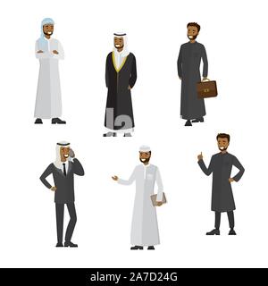 Economia, finanza e dipendenti in sede, Set di Cartoon di successo imprenditore arabo personaggi , illustrazioni vettoriali Illustrazione Vettoriale
