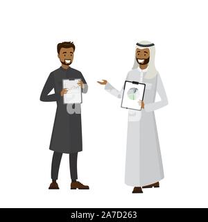 Arab Cartoon imprenditori con pastiglie in mani, isolati su sfondo bianco,illustrazione vettoriale Illustrazione Vettoriale