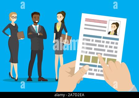 Ricerca lavoro design,i concetti per le risorse umane e il reclutamento. Ricerca cv e il profilo dei dipendenti, cartoon illustrazione vettoriale. Illustrazione Vettoriale