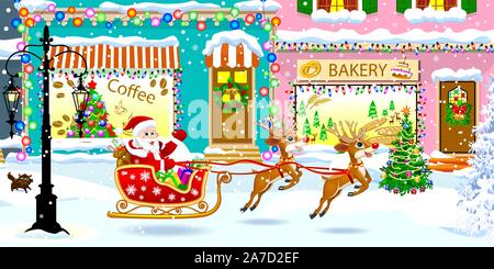 Babbo Natale su di una slitta con doni su una strada della citta'. Santa e cervi. Le decorazioni di Natale sulle case. La neve e i fiocchi di neve. Illustrazione Vettoriale