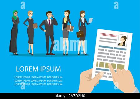 Ricerca lavoro design,i concetti per le risorse umane e il reclutamento. Ricerca cv e il profilo dei dipendenti, cartoon illustrazione vettoriale. Illustrazione Vettoriale