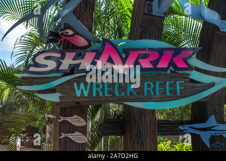 Orlando, Florida. Ottobre 29, 2019. Relitto Shark Reef segno a Seaworld Foto Stock