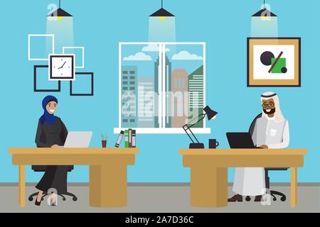 Due cartoon ufficio musulmano lavoratori. Arabo giovane donna e uomo è un dipendenti al lavoro. Vettore illustrazione piatta Illustrazione Vettoriale