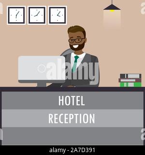 Americano africano receptionist uomo seduto alla reception. Turismo, ospitalità, hotel prenotazione concetto.Carton illustrazione vettoriale Illustrazione Vettoriale