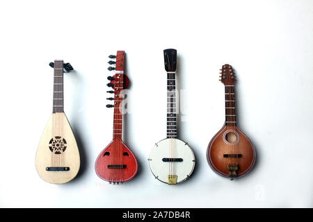 Liuto, mandolino, banjo e sitar isolati su sfondo bianco Foto Stock