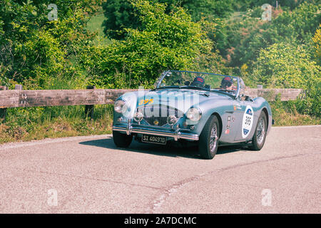 PESARO COLLE SAN BARTOLO , Italia - Maggio 17 - 2018 : Austin Healey 100/4 BN2 1955 su una vecchia macchina da corsa nel rally Mille Miglia 2018 il famoso il suo italiano Foto Stock