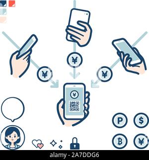 Si tratta di un'illustrazione di rimessa di denaro elettronico tra gli individui tramite smartphone. Si tratta di disegni vettoriali in modo che sia facile da modificare. Illustrazione Vettoriale