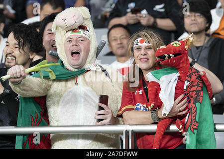 Tokyo, Giappone. 1 Nov, 2019. Gli appassionati di Galles squadra allietare prima di iniziare la Coppa del Mondo di Rugby 2019 Bronzo finale tra la Nuova Zelanda e il Galles al Tokyo Stadium. Nuova Zelanda sconfigge il Galles 40-17. Credito: Rodrigo Reyes Marin/ZUMA filo/Alamy Live News Foto Stock