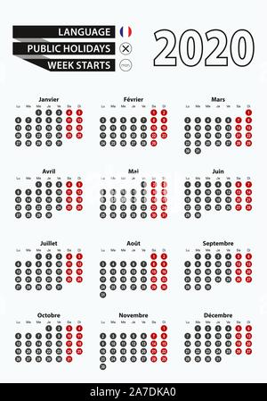 Template vettoriale calendario 2020 con numero a cerchi, semplice calendario francese. Illustrazione Vettoriale. Illustrazione Vettoriale
