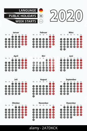 Template vettoriale calendario 2020 con numero a cerchi, semplice calendario tedesca per l'anno 2020. Illustrazione Vettoriale. Illustrazione Vettoriale