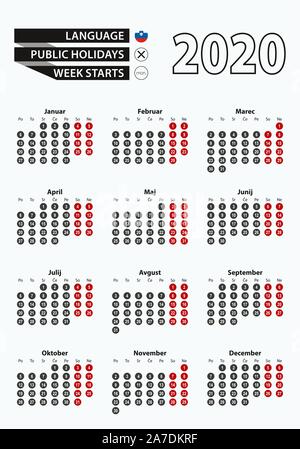 Template vettoriale calendario 2020 con numero a cerchi, semplice calendario sloveno per l'anno 2020. Illustrazione Vettoriale. Illustrazione Vettoriale