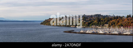 Antenna di bellissima vista panoramica di barche in un marina sulla Ocean Shore durante una torbida serata d'autunno. Preso in Smith Cove Park, Seattle, Washington, Foto Stock