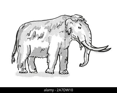 Rétro in stile cartoon il disegno di un americano Mastodon, un estinto North American specie della fauna selvatica su sfondo isolato eseguita in bianco e nero pieno bo Foto Stock