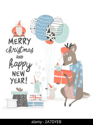 Il messaggio di saluto della scheda di natale con graziosi cervi e mouse Illustrazione Vettoriale