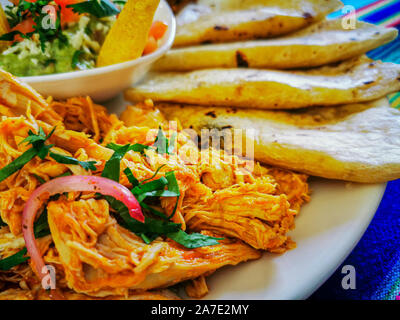 Cibo messicano mix colorato, guacamole, Cochinita Pibil, flautas e quesadilla. Foto Stock