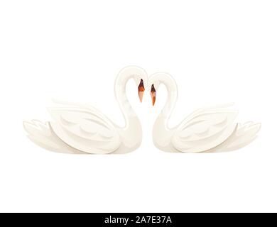 Coppia di big White Swan graziosi animali cartoon amore animale piatto design illustrazione vettoriale isolati su sfondo bianco. Illustrazione Vettoriale