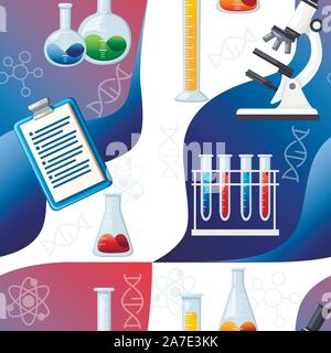 Seamless pattern del laboratorio di chimica cartoon design pubblicità attrezzature flyer design piatto illustrazione vettoriale. Illustrazione Vettoriale