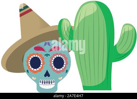 Cranio morte icona messicana tradizionale con il cactus illustrazione vettoriale design Illustrazione Vettoriale