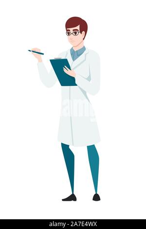 L'uomo scienziato holding checklist cartoon character design piatto illustrazione vettoriale su sfondo bianco. Illustrazione Vettoriale