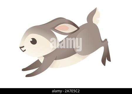 Carino coniglio grigio in esecuzione in avanti cartoon animale piatto design illustrazione vettoriale isolati su sfondo bianco. Illustrazione Vettoriale
