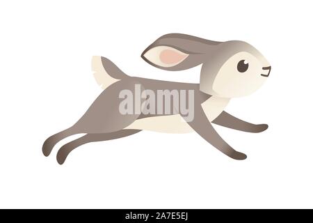 Carino coniglio grigio in esecuzione in avanti cartoon animale piatto design illustrazione vettoriale isolati su sfondo bianco. Illustrazione Vettoriale