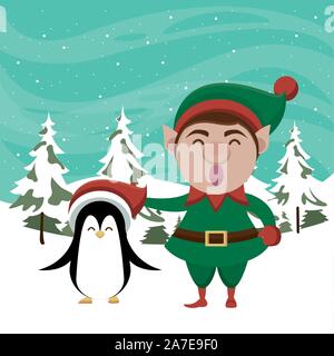 Natale snowscape scena con un simpatico personaggio elf Illustrazione Vettoriale