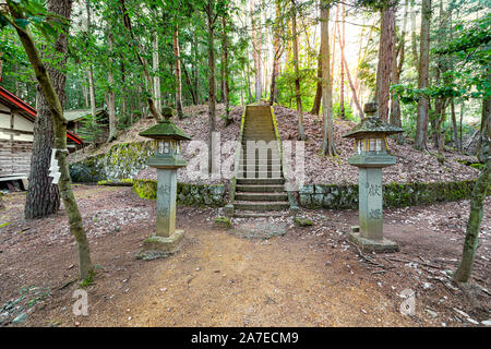 Takayama, Giappone - Aprile 9, 2019: Higashiyama corso a piedi in Gifu con gradini in pietra le scale nel santuario Shinmei nella foresta Foto Stock