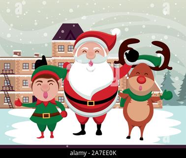 Natale snowscape scena con personaggi deliziosi Illustrazione Vettoriale