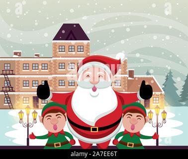 Natale snowscape scena con Babbo Natale e folletti della Illustrazione Vettoriale