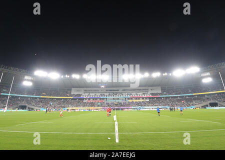 Vista generale dello stadio prima del 2019 Coppa del Mondo di Rugby in bronzo match finale tra la Nuova Zelanda e il Galles al Tokyo Stadium a Tokyo in Giappone il 1 novembre 2019. Foto di Tadashi Miyamoto Foto Stock