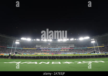 Vista generale dello stadio prima del 2019 Coppa del Mondo di Rugby in bronzo match finale tra la Nuova Zelanda e il Galles al Tokyo Stadium a Tokyo in Giappone il 1 novembre 2019. Foto di Tadashi Miyamoto Foto Stock