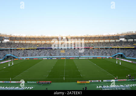 Vista generale dello stadio prima del 2019 Coppa del Mondo di Rugby in bronzo match finale tra la Nuova Zelanda e il Galles al Tokyo Stadium a Tokyo in Giappone il 1 novembre 2019. Foto di Tadashi Miyamoto Foto Stock