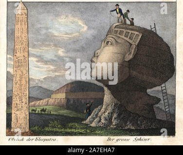 Il Cleopatra obelisco o ago e la Grande Sfinge di Giza con gli scienziati europei arrampicata su di esso. Litografia Handcolored da Weibezahl da Friedrich Wilhelm Goedsche 'Vollstaendige Völkergallerie in getreuen Abbildungen' (galleria completa dei popoli in vero foto), Meissen, circa 1835-1840. Goedsche (1785-1863) è stato uno scrittore tedesco, libraio e editore di Meissen. Molte delle illustrazioni sono state adattate da Bertuch 'Bilderbuch fur Kinder' e altri. Foto Stock