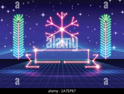 Scheda di Natale con 80s neon il simbolo del fiocco di neve Illustrazione Vettoriale