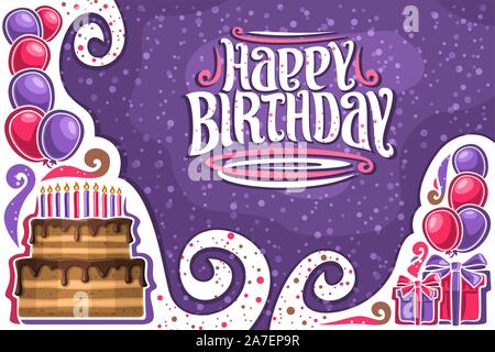 Vector biglietto di auguri di buon compleanno con copia spazio, molti viola e rosa palloncini, cioccolato torta di compleanno con 10 candele accese, confezioni regalo ti Illustrazione Vettoriale