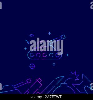 Serbatoio militare vettore gradiente icona linea, illustrazione, simbolo o pittogramma, segno. Sfondo blu scuro. Relativo fondo confine. Illustrazione Vettoriale