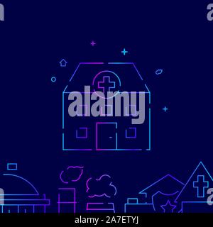 Ospedale di gradiente di vettore icona linea, illustrazione, simbolo o pittogramma, segno. Sfondo blu scuro. Relativo fondo confine. Illustrazione Vettoriale