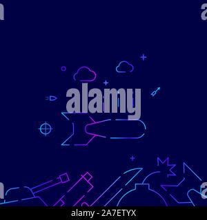 La caduta di bombardare il vettore gradiente icona linea, illustrazione, simbolo o pittogramma, segno. Sfondo blu scuro. Relativo fondo confine. Illustrazione Vettoriale