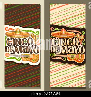 Vettore banner verticale per il Cinco de Mayo holiday, layout con ornamento etnico, illustrazione di Mexican Hat, chitarra e maracas, spazzola originale lettera Illustrazione Vettoriale