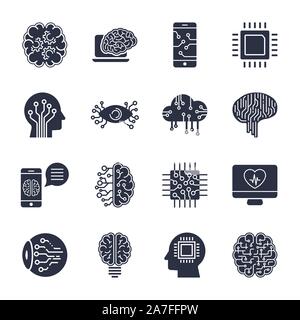 Semplice insieme di intelligenza artificiale relative icone di linea contiene tali icone come droid, occhio, chip, cervello Illustrazione Vettoriale